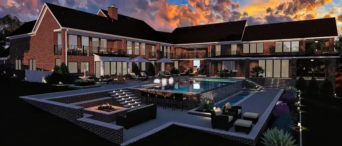 Photorealistic 3D render of a luxury brick estate at dusk with a custom pool, fire features, glass-tile spa and outdoor living space