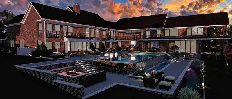 Photorealistic 3D render of a luxury pool at dusk with fire features — still from the DreamPool design film