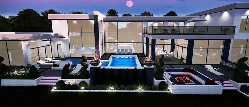 Photorealistic pool render with fire bowls and a glass-tile spa, the output quality the DreamPool app is built toward