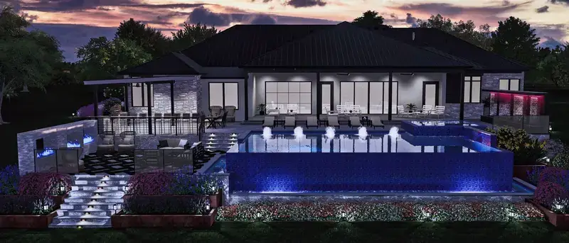 Photorealistic 3D render of a perimeter-overflow pool with landscape lighting