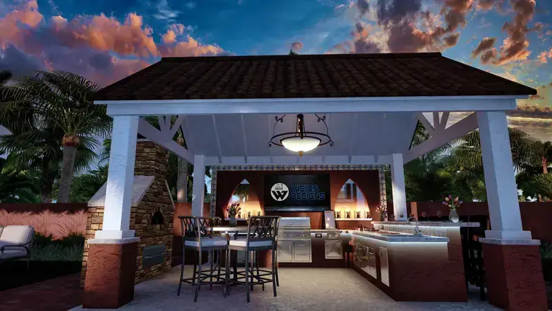 Photorealistic dusk pool render with fire features and a raised glass-tile spa
