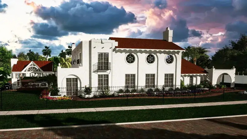 Still frame from a 3D design film showing a Spanish-colonial estate and its landscaped grounds from the air